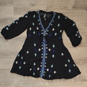 Free People Black Mini Dress with Blue and White Embroidery